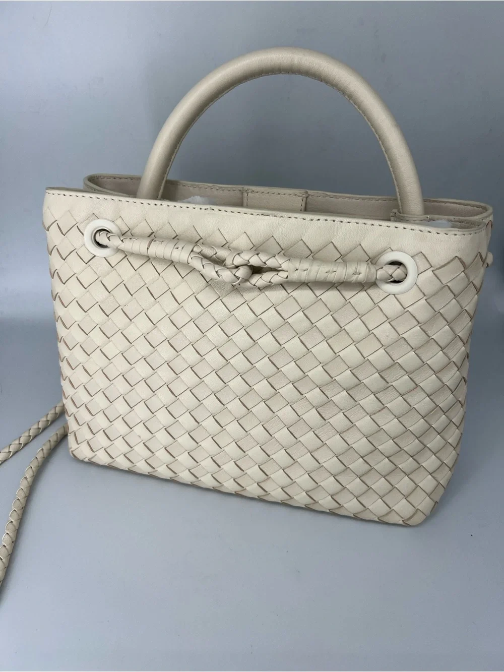 Quince Romy hand Woven Leather Top-Handle Tote in bone